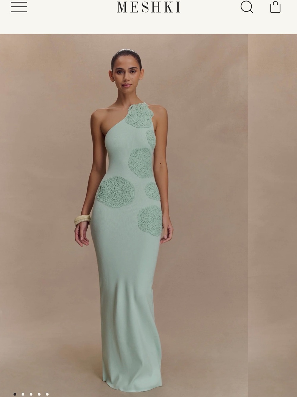 Meshki Mint One-Shoulder Crochet Appliqué Maxi Dress